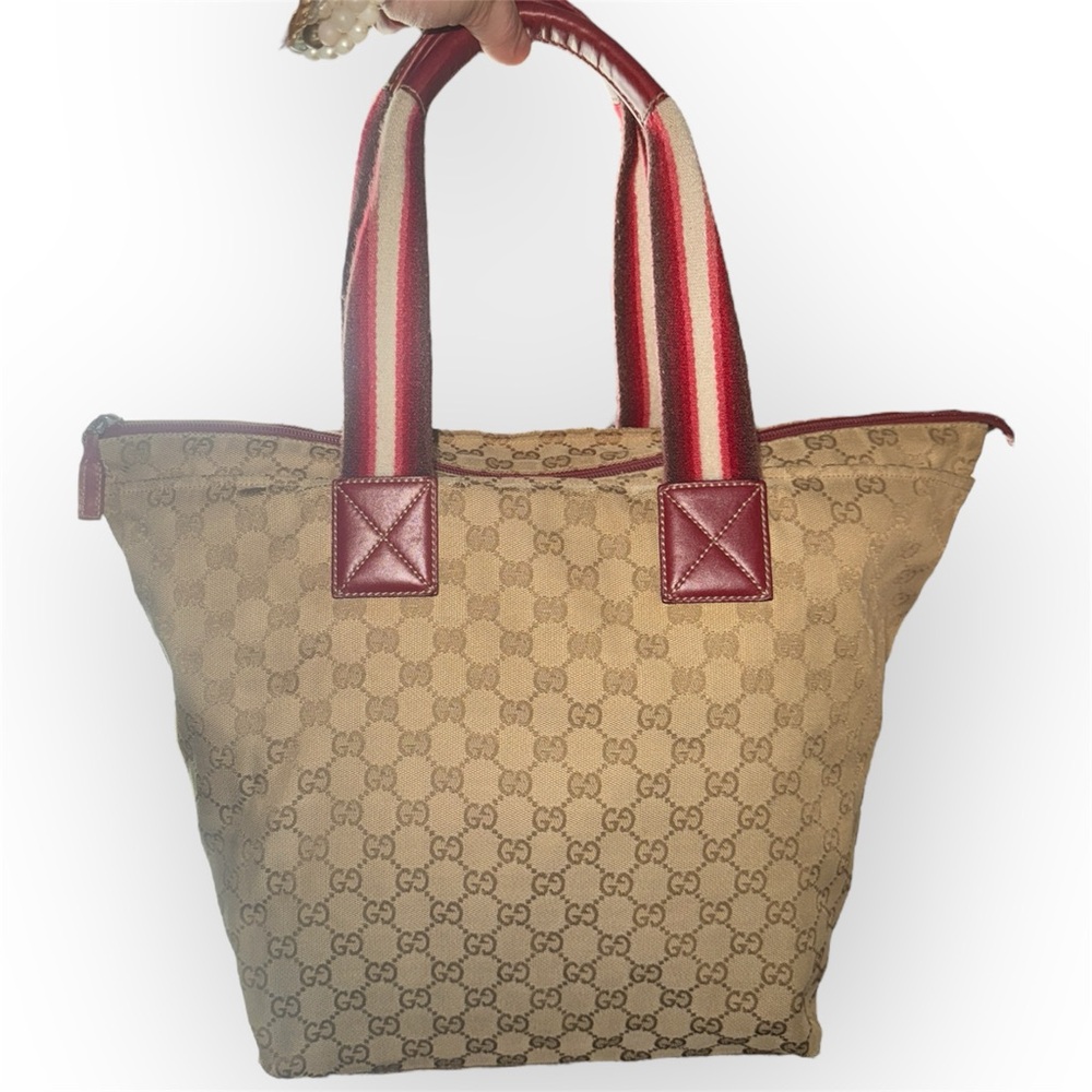 Gucci Tote Bag Sherry Line Cream Tan Gold and Red Monogram GG Supreme Zip Top - Picture 5 of 16